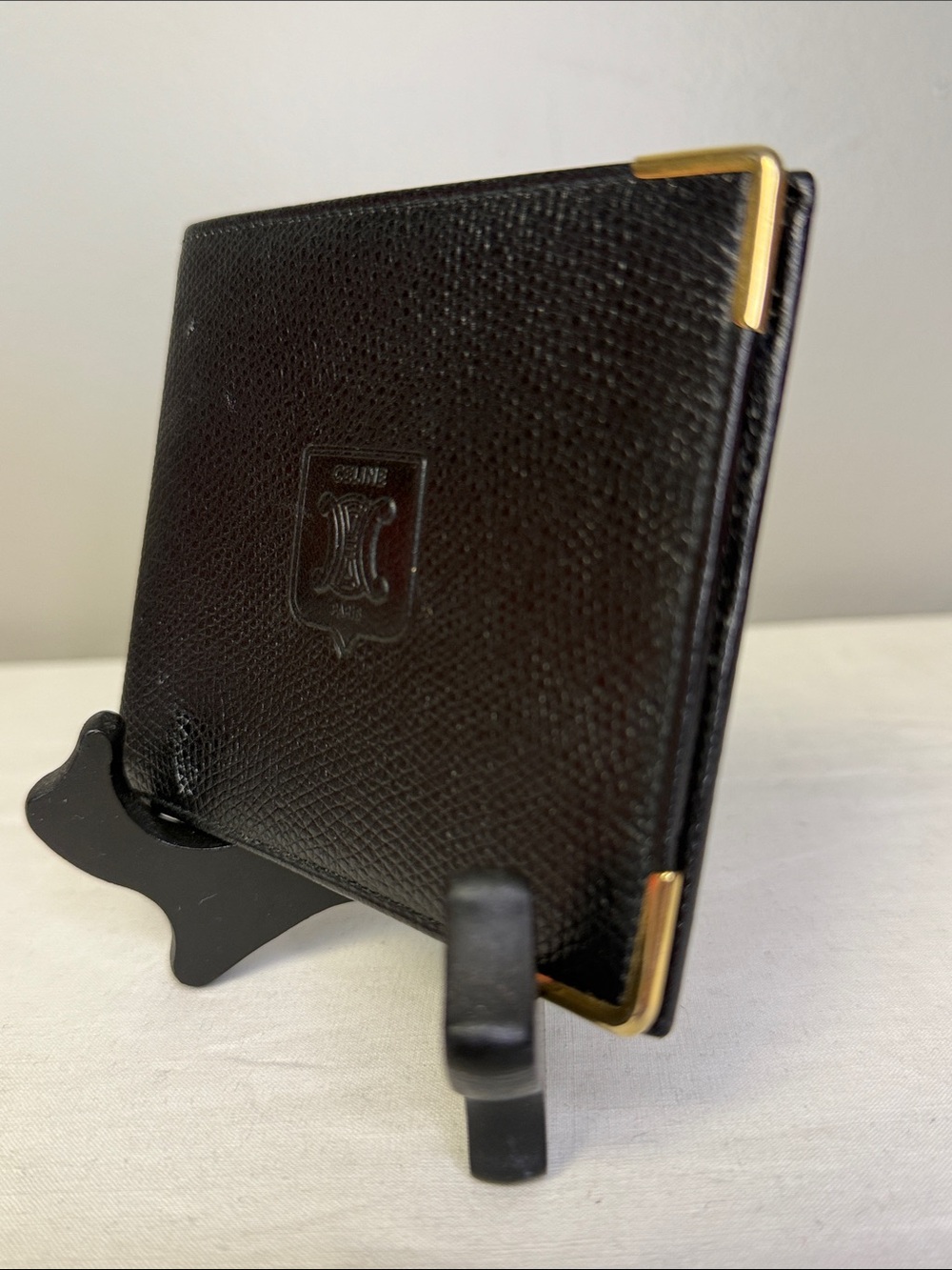 CELINE Macadam Black Leather Bifold Wallet Gold Tone Corner Hardware - Picture 3 of 8